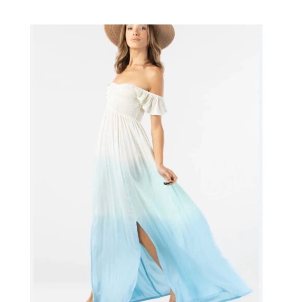Tiare Hawaii Off-Shoulder Ombre Maxi Dress in White and Light Blue